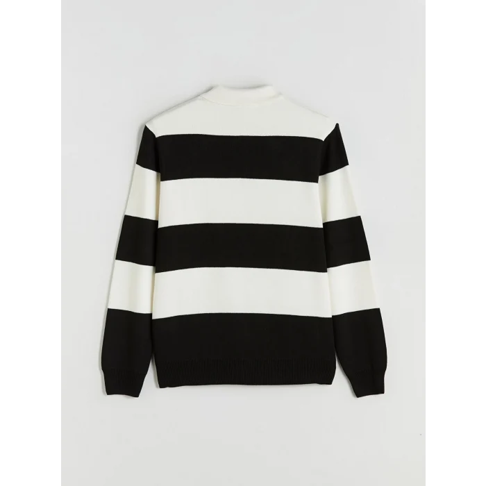 LCW Vision Siyah Polo Yaka Çizgili Erkek Triko Kazak