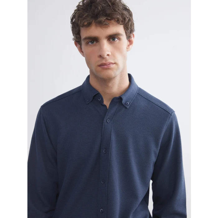 LCW Vision Petrol Slim Fit Uzun Kollu Erkek Dokulu Gömlek