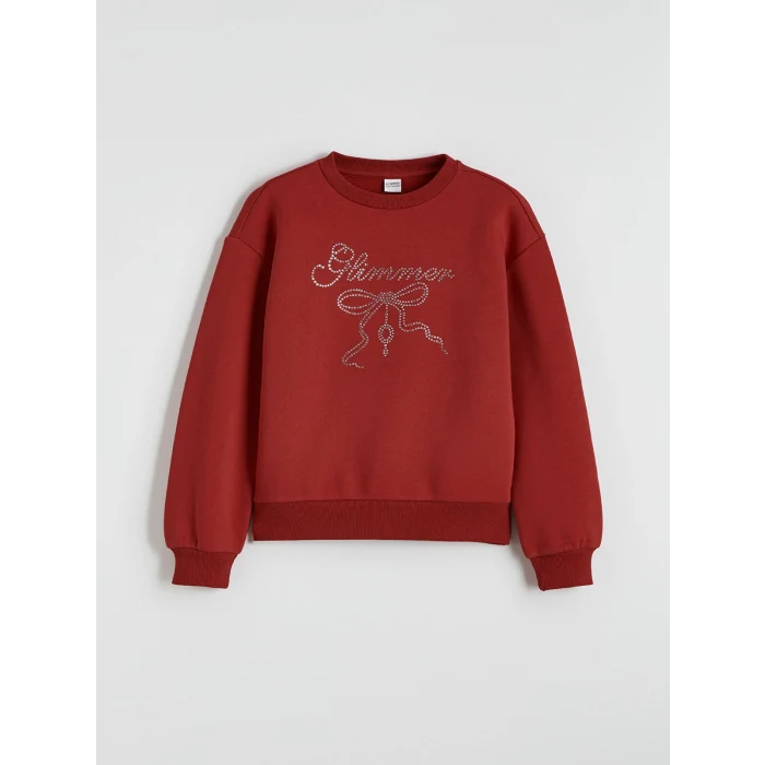 LCW Kids Kırmızı Bisiklet Yaka Taşlı Kız Çocuk Kalın Sweatshirt