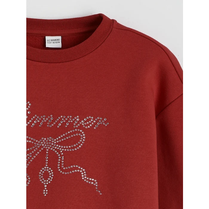 LCW Kids Kırmızı Bisiklet Yaka Taşlı Kız Çocuk Kalın Sweatshirt