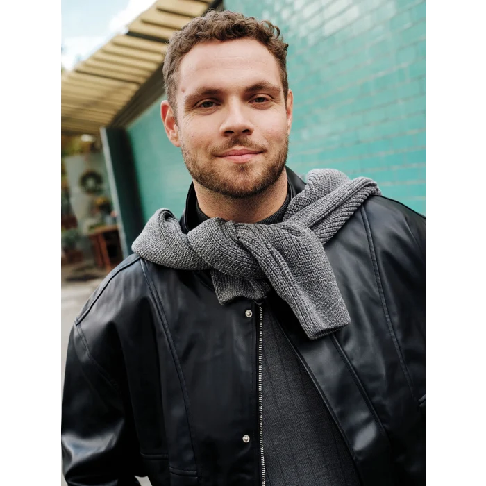 XSIDE Siyah Rahat Kalıp Dik Yaka Erkek Deri Görünümlü Ceket