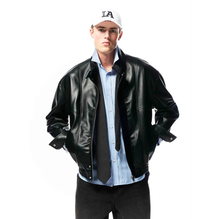 XSIDE Siyah Rahat Kalıp Dik Yaka Erkek Deri Görünümlü Ceket