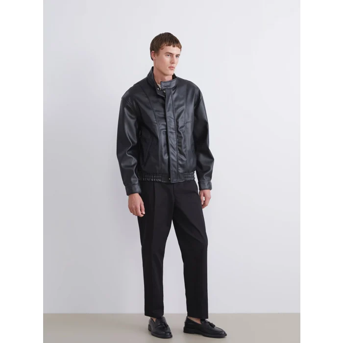 XSIDE Siyah Rahat Kalıp Dik Yaka Erkek Deri Görünümlü Ceket