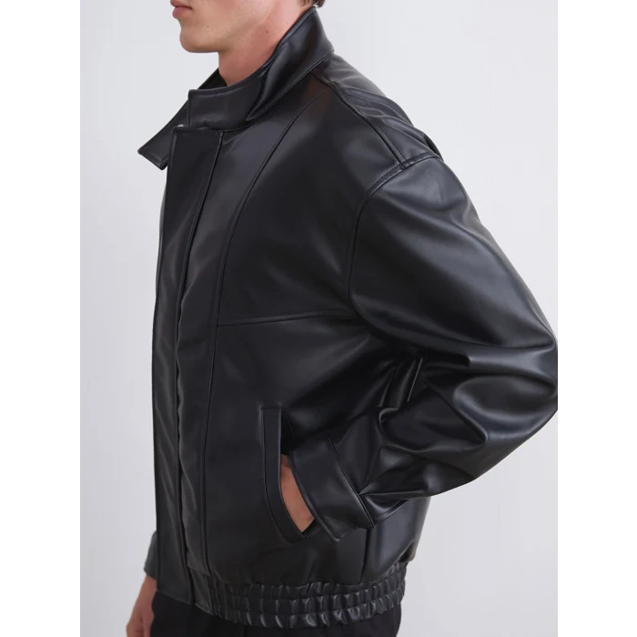XSIDE Siyah Rahat Kalıp Dik Yaka Erkek Deri Görünümlü Ceket