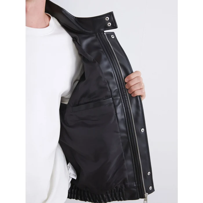 XSIDE Siyah Rahat Kalıp Dik Yaka Erkek Deri Görünümlü Ceket