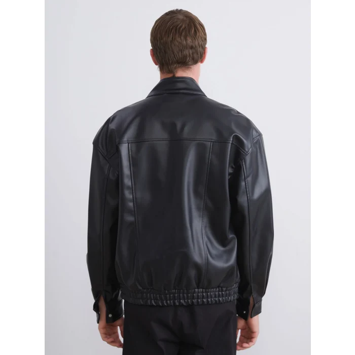 XSIDE Siyah Rahat Kalıp Dik Yaka Erkek Deri Görünümlü Ceket