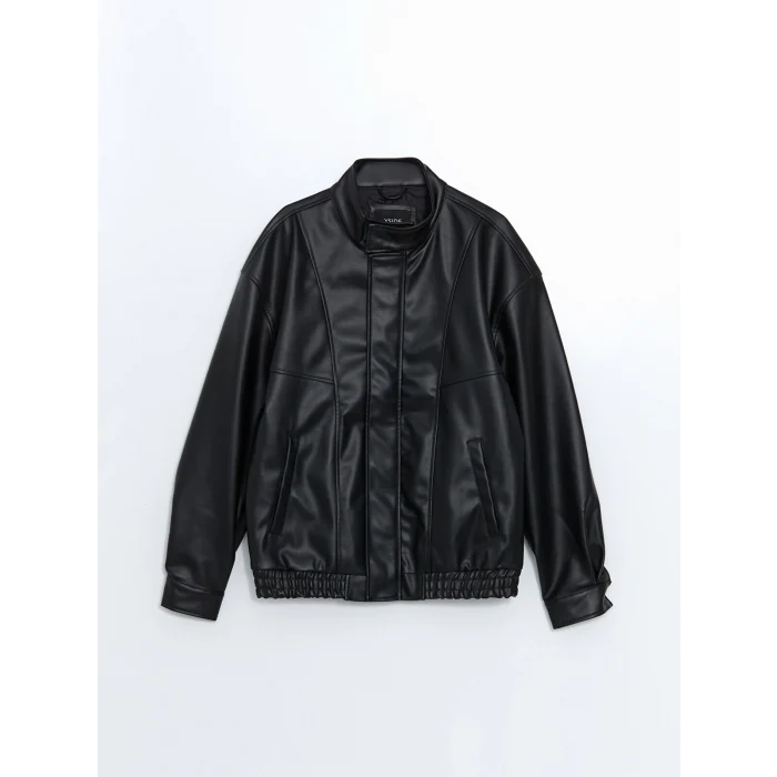 XSIDE Siyah Rahat Kalıp Dik Yaka Erkek Deri Görünümlü Ceket