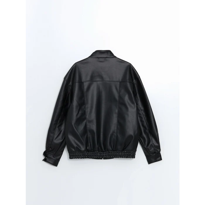 XSIDE Siyah Rahat Kalıp Dik Yaka Erkek Deri Görünümlü Ceket