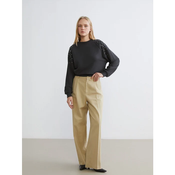 LCW Vision Antrasit Bisiklet Yaka Taşlı Oversize Kadın Sweatshirt