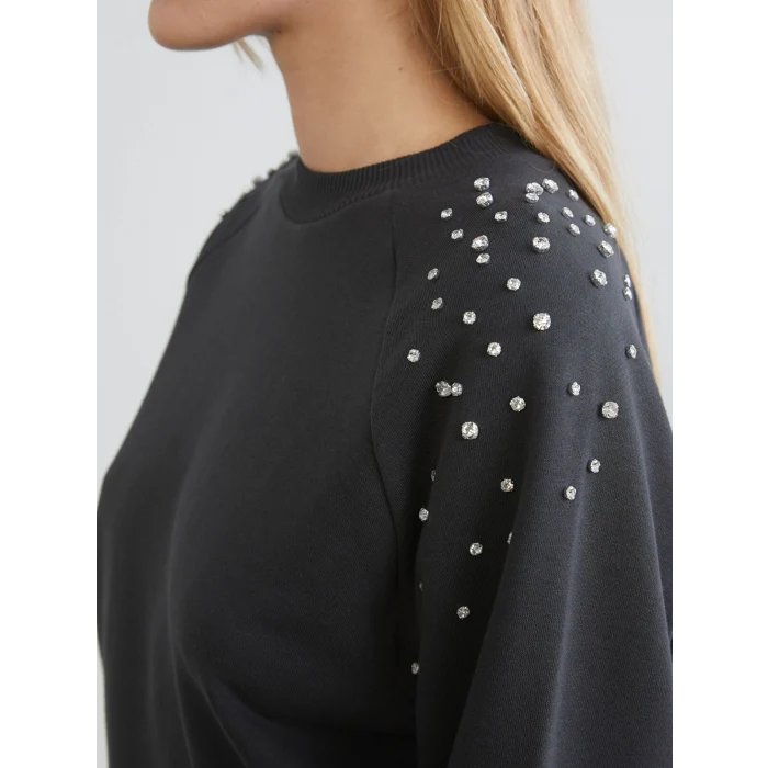 LCW Vision Antrasit Bisiklet Yaka Taşlı Oversize Kadın Sweatshirt