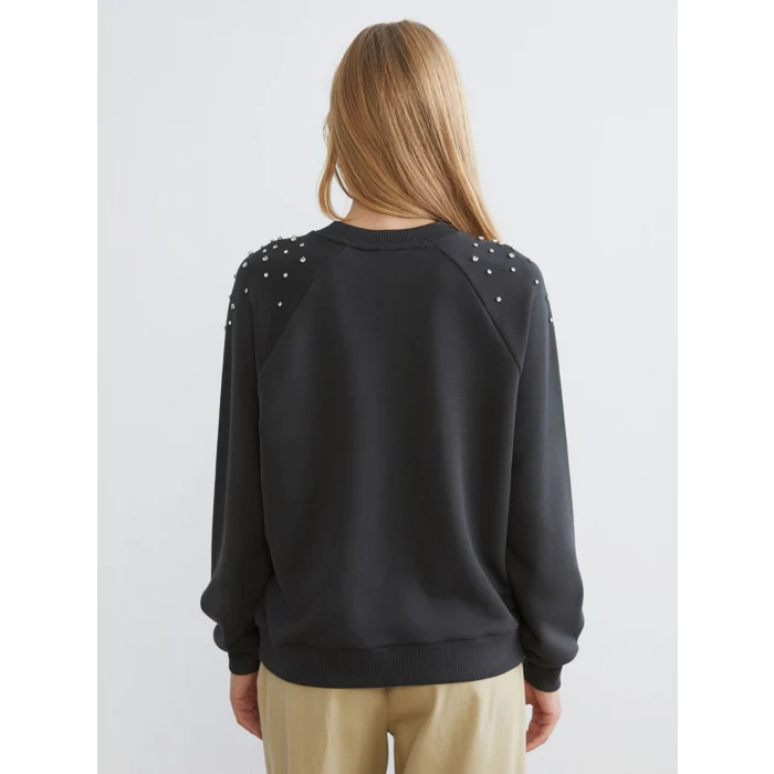 LCW Vision Antrasit Bisiklet Yaka Taşlı Oversize Kadın Sweatshirt