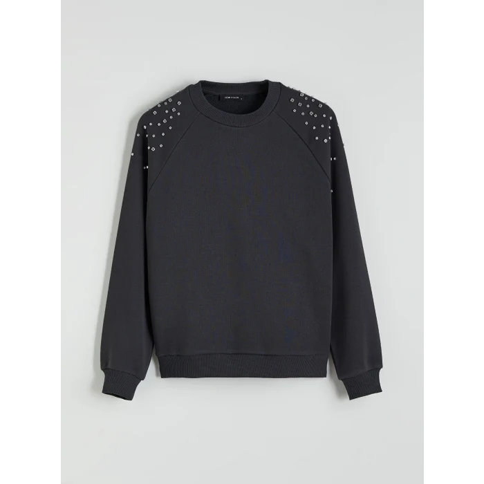 LCW Vision Antrasit Bisiklet Yaka Taşlı Oversize Kadın Sweatshirt