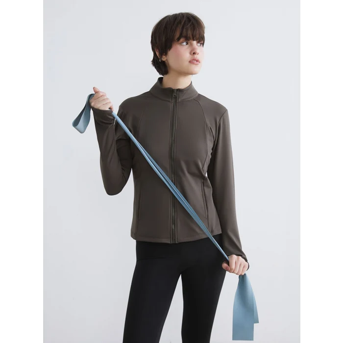 KOOR SPORT Haki Dik Yaka Parmak Geçmeli Kadın Fermuarlı Sweatshirt