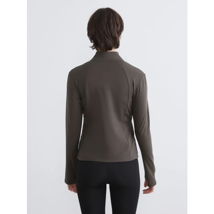 KOOR SPORT Haki Dik Yaka Parmak Geçmeli Kadın Fermuarlı Sweatshirt