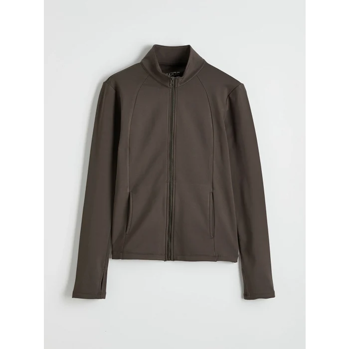 KOOR SPORT Haki Dik Yaka Parmak Geçmeli Kadın Fermuarlı Sweatshirt