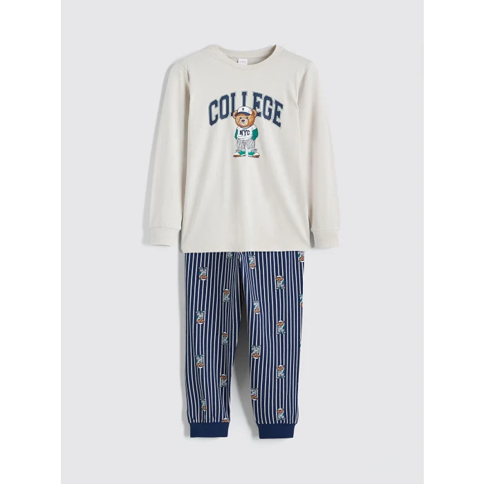 LCW Kids Gri Bisiklet Yaka Ayı Teddy Baskılı Erkek Çocuk Pijama Takımı