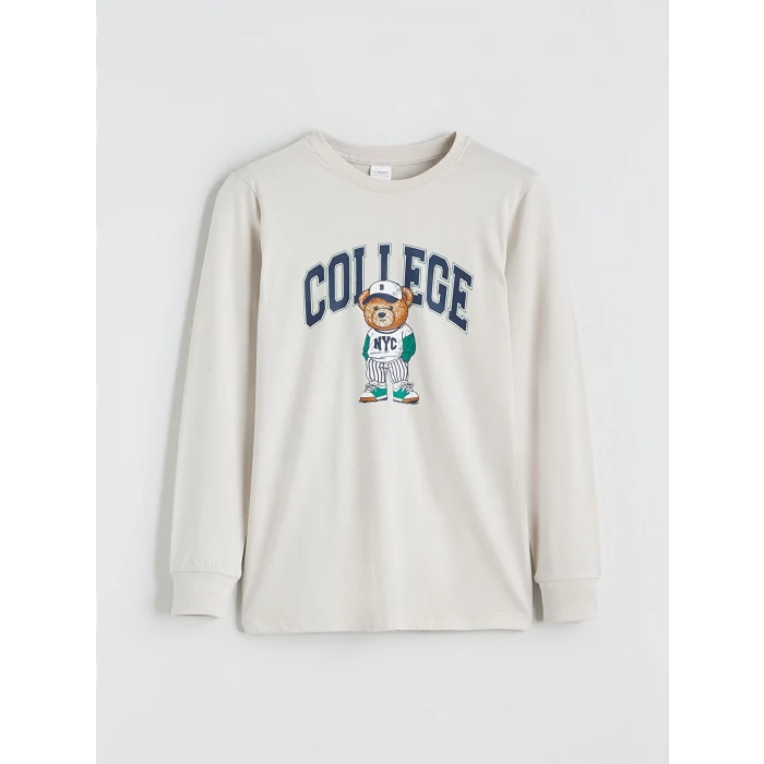 LCW Kids Gri Bisiklet Yaka Ayı Teddy Baskılı Erkek Çocuk Pijama Takımı