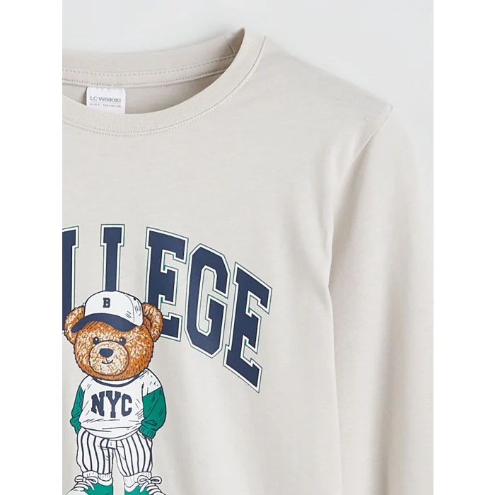 LCW Kids Gri Bisiklet Yaka Ayı Teddy Baskılı Erkek Çocuk Pijama Takımı