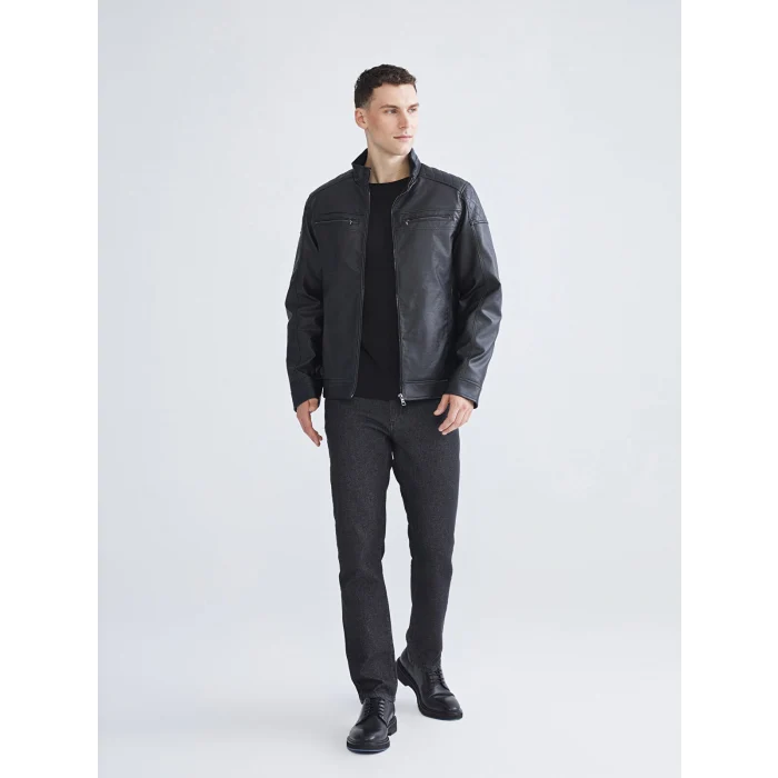 LCWAIKIKI Classic Siyah Standart Kalıp Erkek Deri Görünümlü Ceket