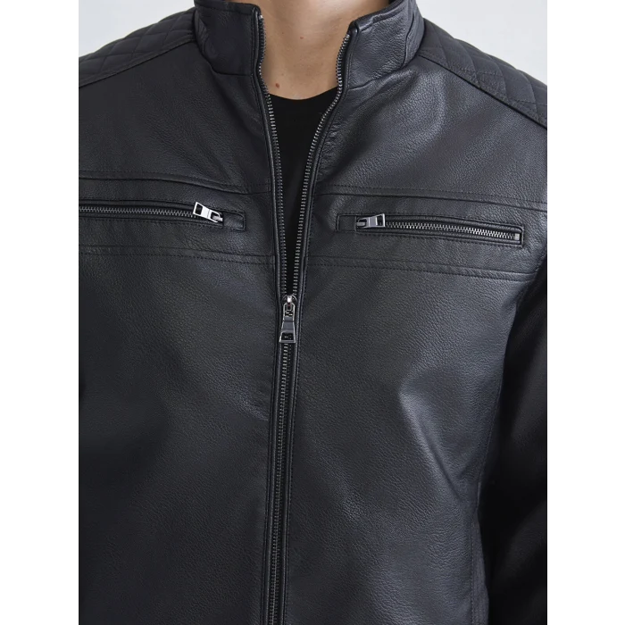 LCWAIKIKI Classic Siyah Standart Kalıp Erkek Deri Görünümlü Ceket