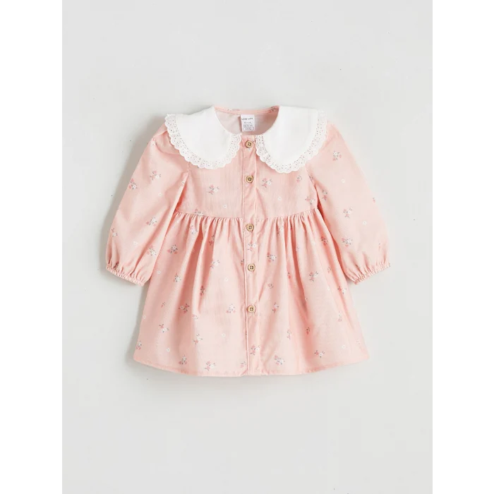 LCW baby Pembe Bebe Yaka Çiçekli Kadife Kız Bebek Elbise