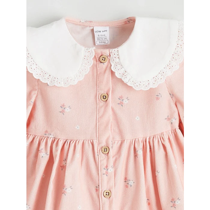 LCW baby Pembe Bebe Yaka Çiçekli Kadife Kız Bebek Elbise