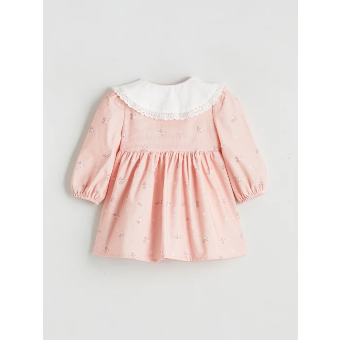 LCW baby Pembe Bebe Yaka Çiçekli Kadife Kız Bebek Elbise