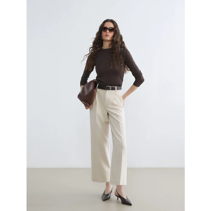 LCW Vision Bej Beli Kemerli Geniş Paça Kadın Pantolon