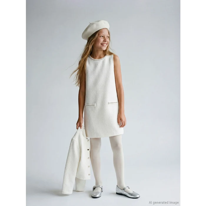 LCW Kids Beyaz Bisiklet Yaka Taşlı Kız Çocuk Tüvit Elbise