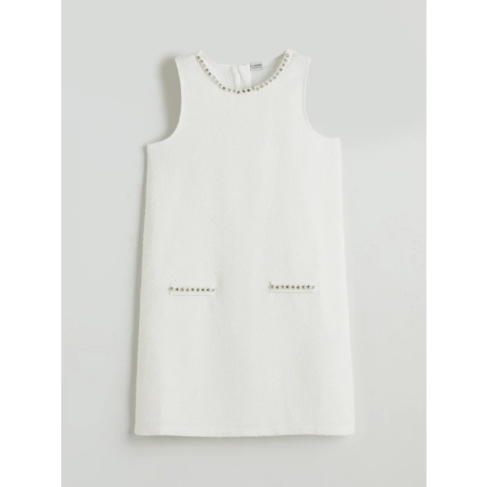 LCW Kids Beyaz Bisiklet Yaka Taşlı Kız Çocuk Tüvit Elbise