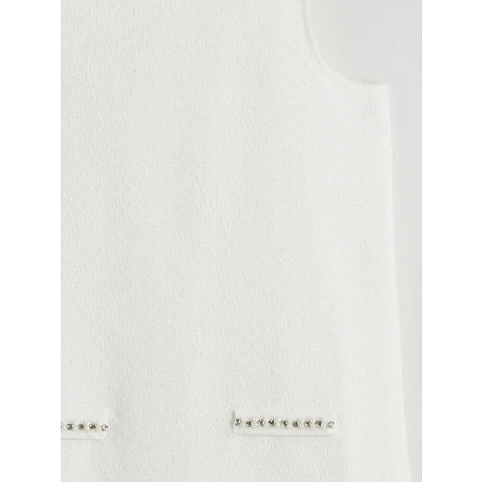 LCW Kids Beyaz Bisiklet Yaka Taşlı Kız Çocuk Tüvit Elbise