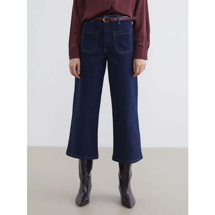 LCW Jeans İndigo Beli Kemerli Wideleg Kadın Jean Pantolon