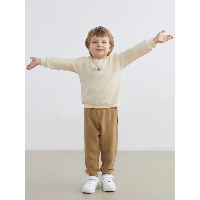 LCW baby Bej Bisiklet Yaka Erkek Bebek Sweatshirt ve Eşofman Altı
