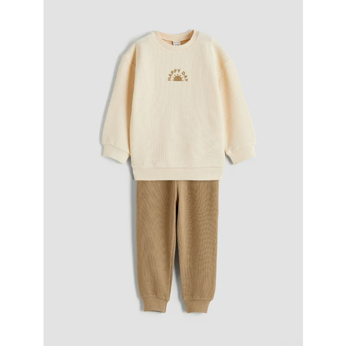 LCW baby Bej Bisiklet Yaka Erkek Bebek Sweatshirt ve Eşofman Altı