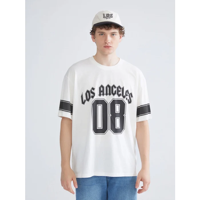 XSIDE Ekru Bisiklet Yaka Los Angeles Baskılı Penye Erkek Tişört