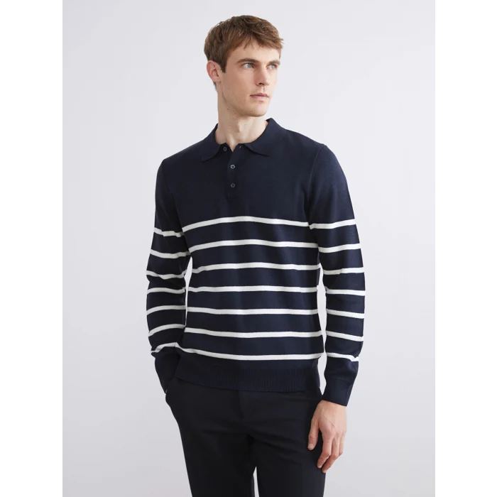 SOUTHBLUE Lacivert Polo Yaka Çizgili Erkek Triko Kazak