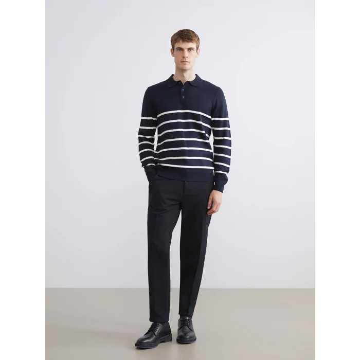 SOUTHBLUE Lacivert Polo Yaka Çizgili Erkek Triko Kazak