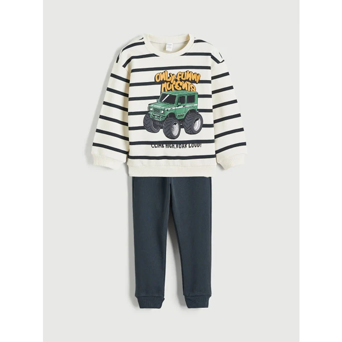 LCW Kids Bej Baskılı Erkek Çocuk Sweatshirt ve Pantolon Takım 2li