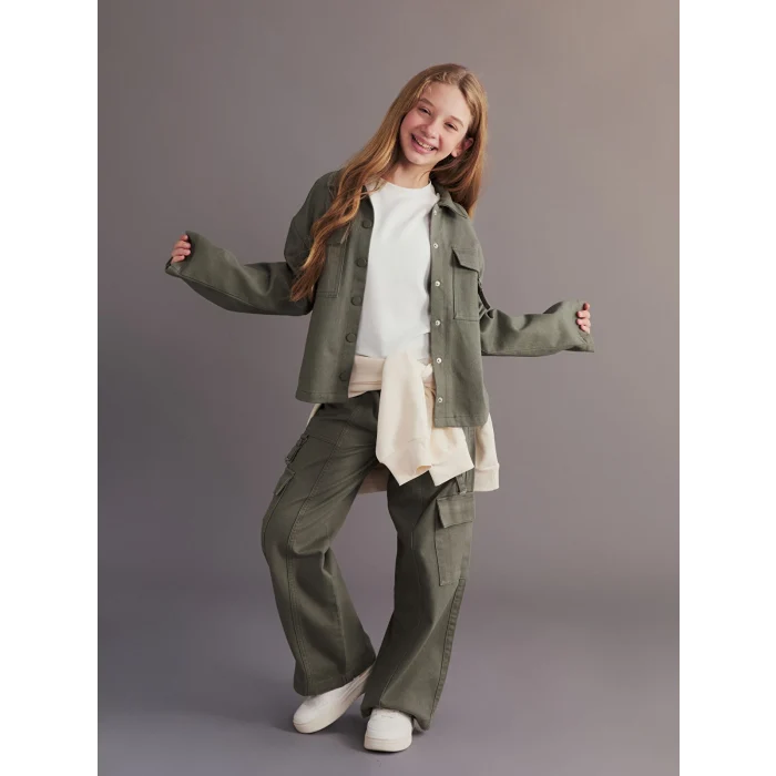 LCW Kids Haki Gömlek Yaka Kız Çocuk Ceket