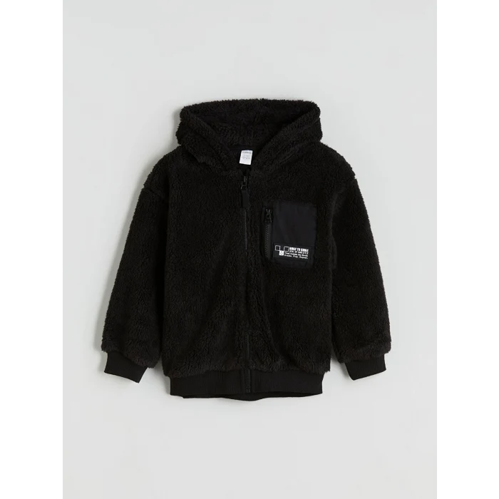 LCW Kids Siyah Kapüşonlu Baskılı Erkek Çocuk Pelüş Hırka