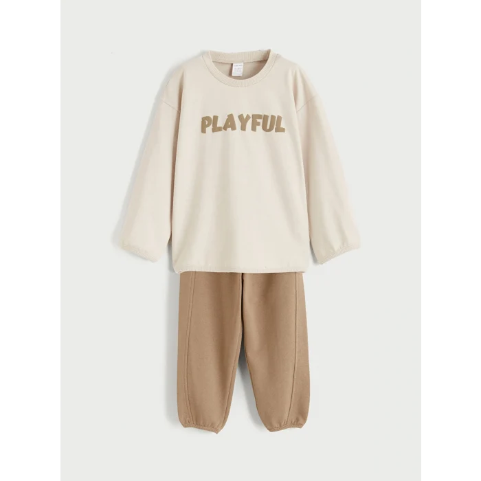 LCW baby Bej Yazı Baskılı Erkek Bebek Sweatshirt ve Eşofman Altı