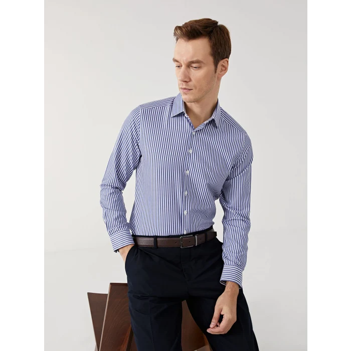 LCW BUSINESS Lacivert Slim Fit Uzun Kollu Çizgili Poplin Erkek Gömlek
