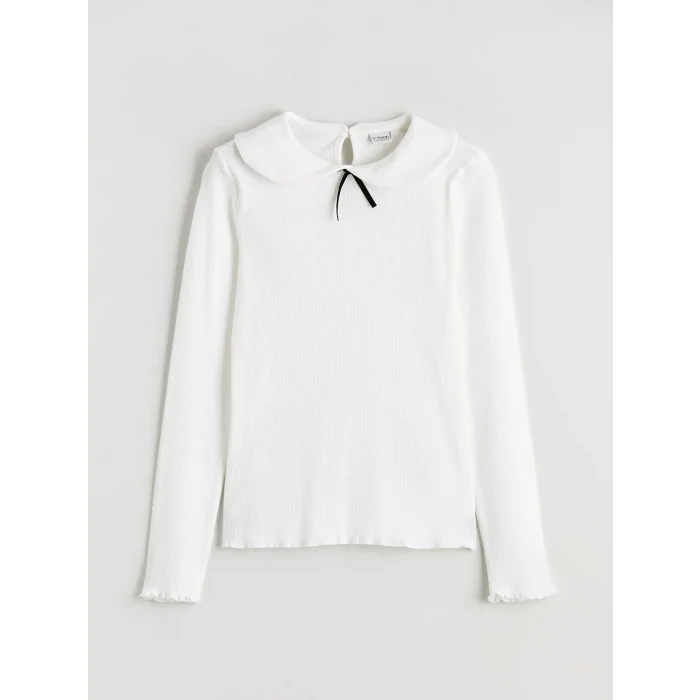 LCW Kids Ekru Bebe Yaka Fiyonk Detaylı Kız Çocuk Tişört