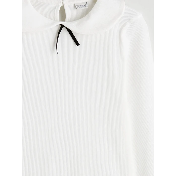 LCW Kids Ekru Bebe Yaka Fiyonk Detaylı Kız Çocuk Tişört