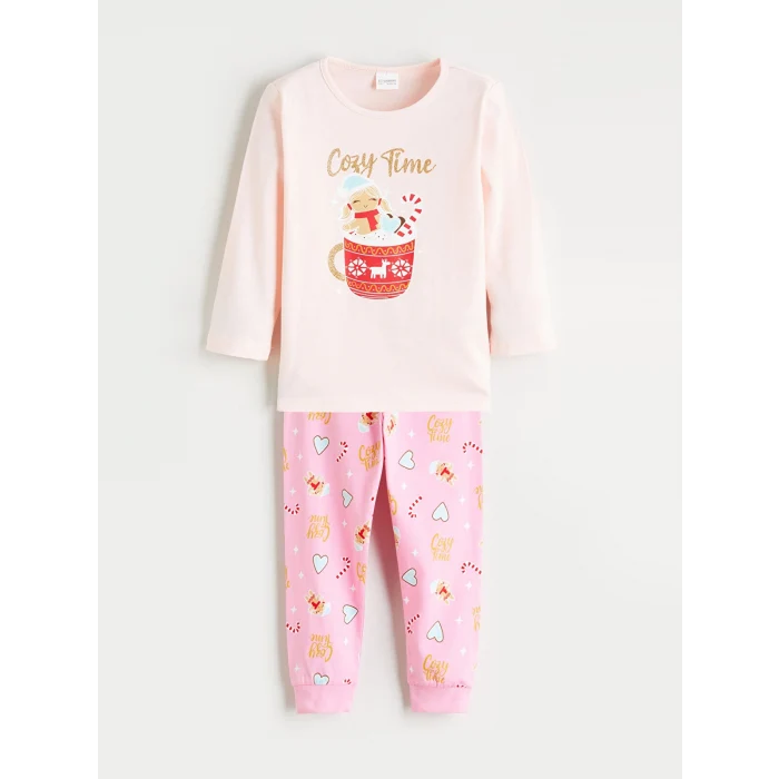 LCW Kids Pembe Bisiklet Yaka Baskılı Uzun Kollu Kız Çocuk Pijama Takımı
