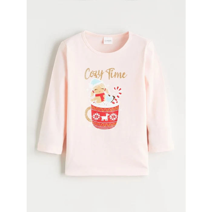 LCW Kids Pembe Bisiklet Yaka Baskılı Uzun Kollu Kız Çocuk Pijama Takımı