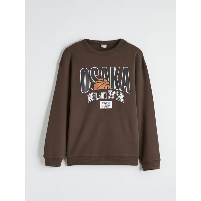 LCW Kids Kahverengi Bisiklet Yaka Osaka Baskılı Erkek Çocuk Sweatshirt