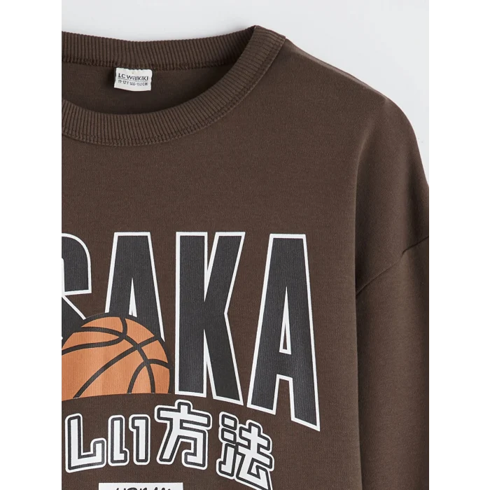 LCW Kids Kahverengi Bisiklet Yaka Osaka Baskılı Erkek Çocuk Sweatshirt