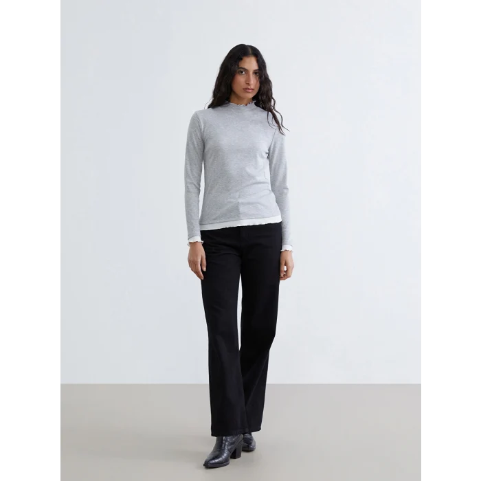 LCW Modest Gri Fırfırlı Dik Yaka Kadın Body