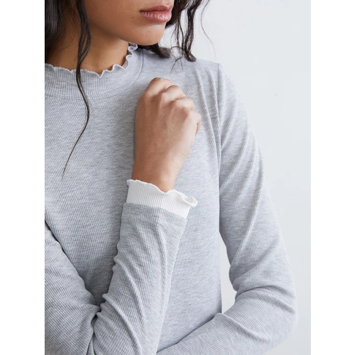 LCW Modest Gri Fırfırlı Dik Yaka Kadın Body